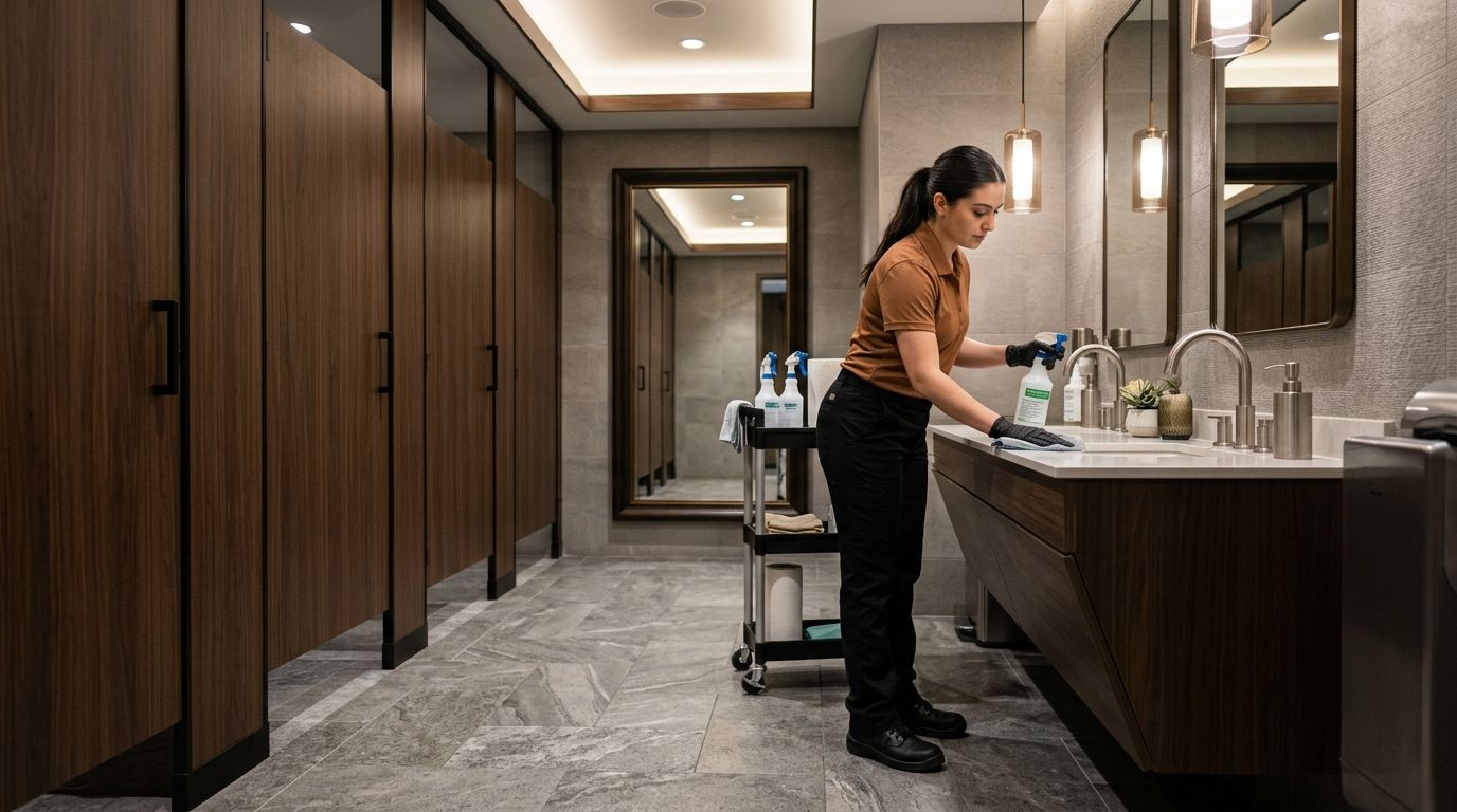 Professional cleaner sanitizing restroom sinks and countertops in commercial bathroom Andover, MN