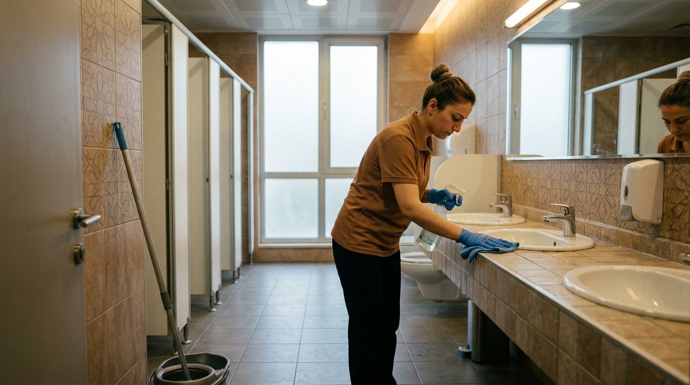 Professional cleaner sanitizing restroom sinks and countertops with disinfectant spray in church facility, Andover, MN