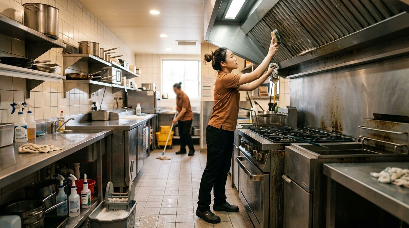 Professional cleaner scrubbing commercial kitchen equipment and ventilation surfaces for deep cleaning Andover, MN