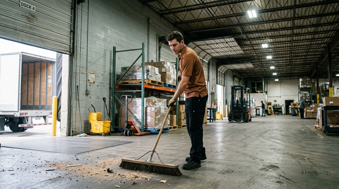 A professional cleaner sweeping debris near loading dock area with push broom in warehouse facility Andover, MN