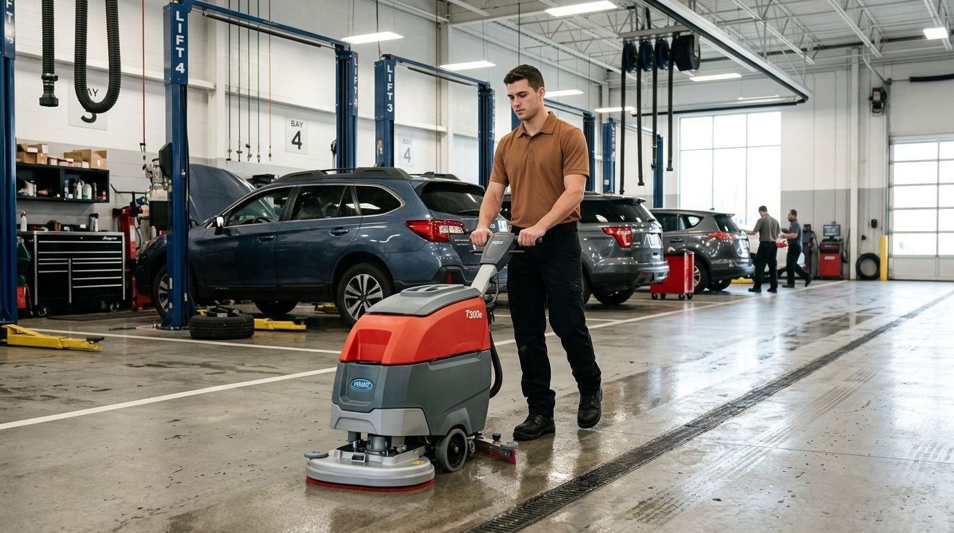 Professional cleaner using floor scrubber machine in automotive service department, Andover, MN