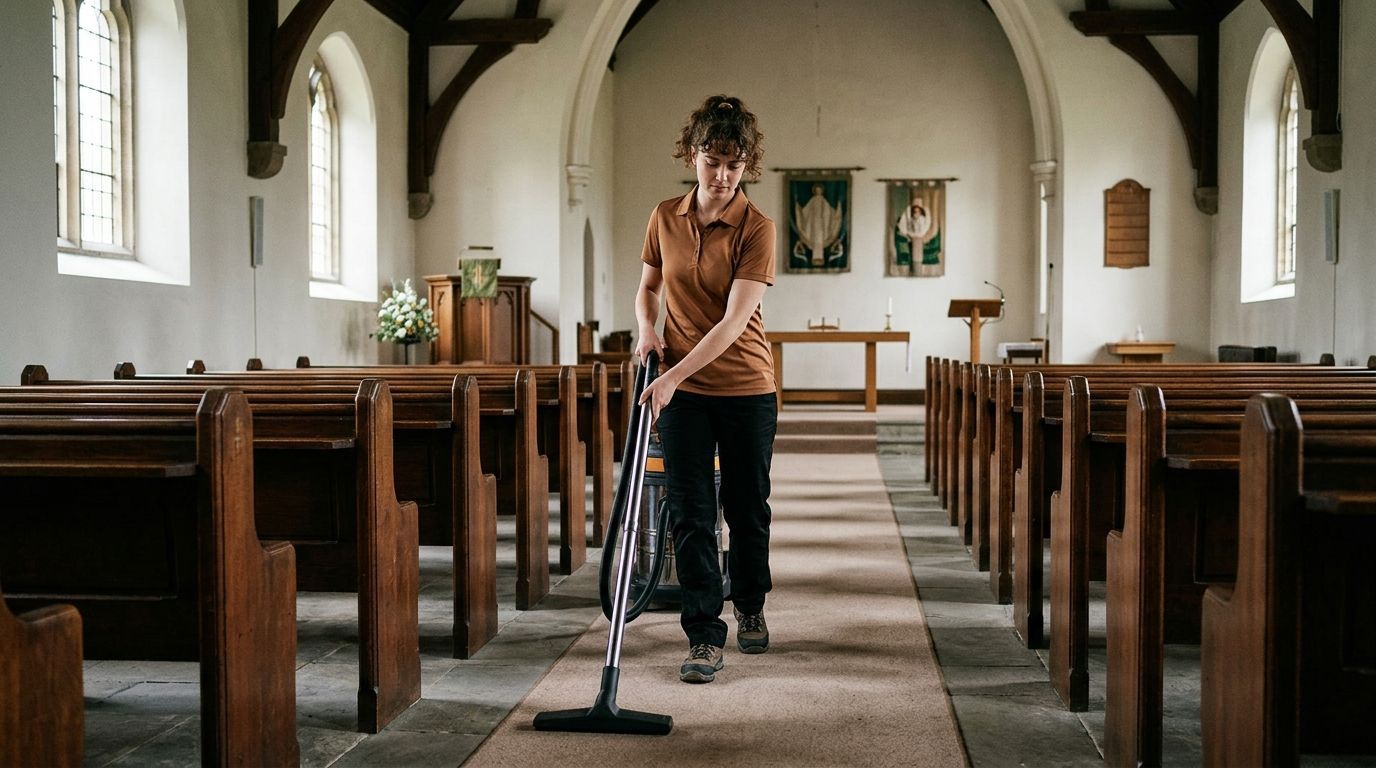 Professional cleaner vacuuming carpeted aisle between pews in church sanctuary Andover, MN