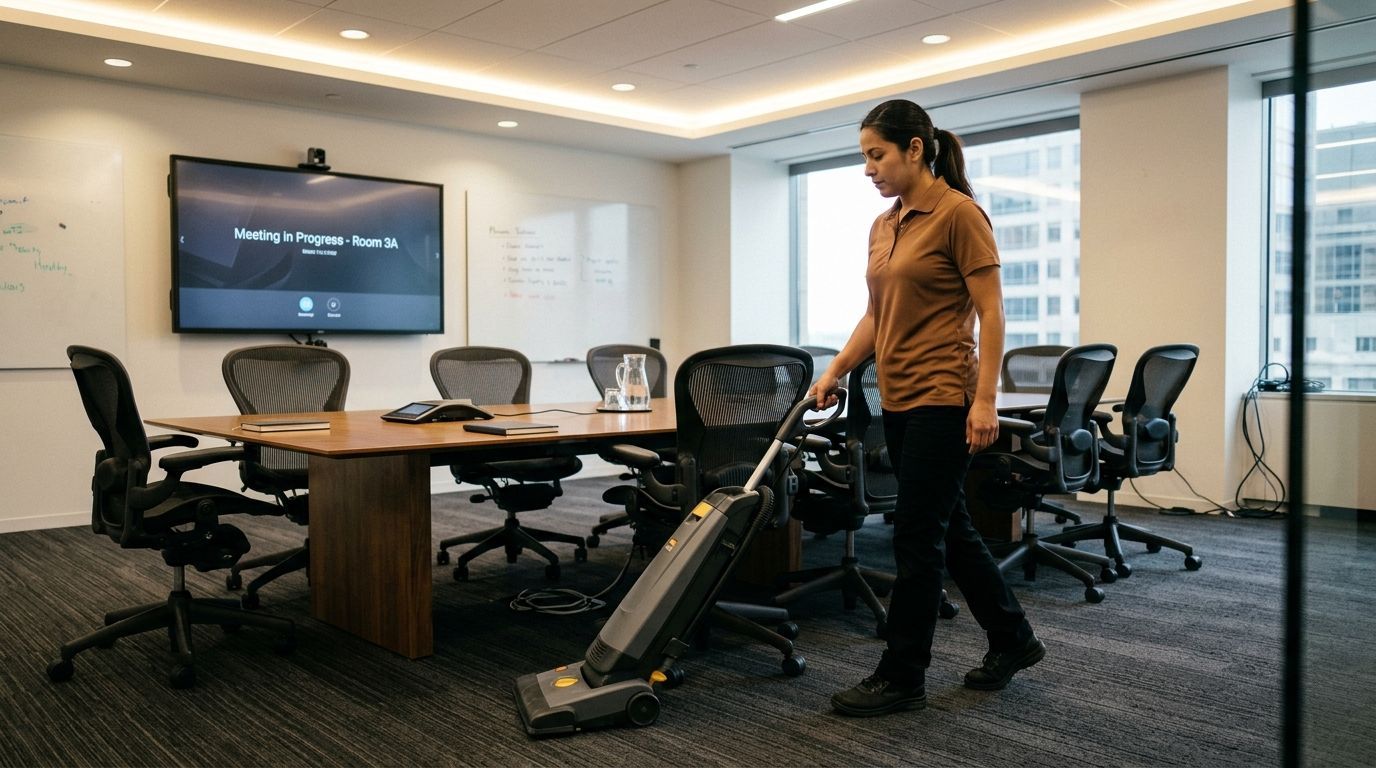 Professional cleaner vacuuming office conference room carpet for a clean workspace Andover, MN