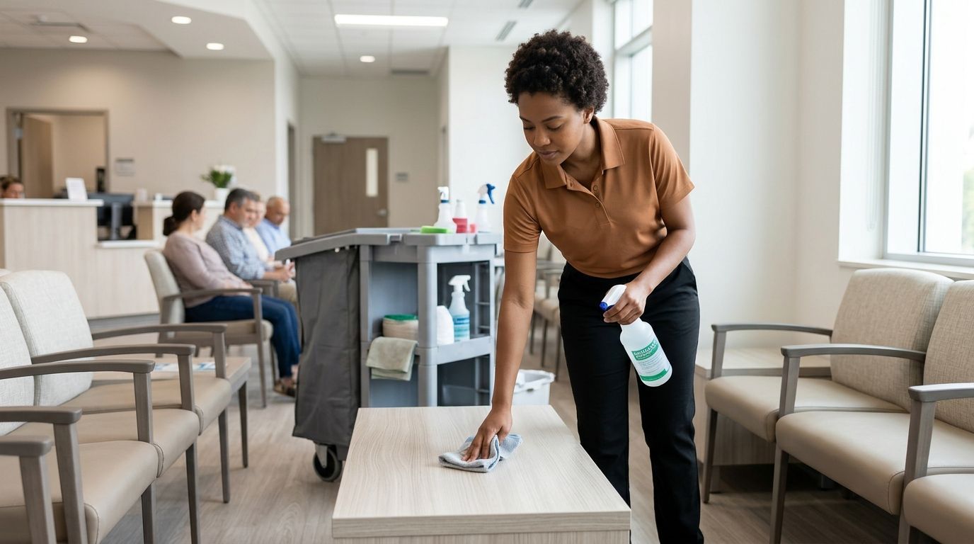 Professional cleaner wiping and disinfecting waiting room table surfaces in healthcare facility Andover, MN