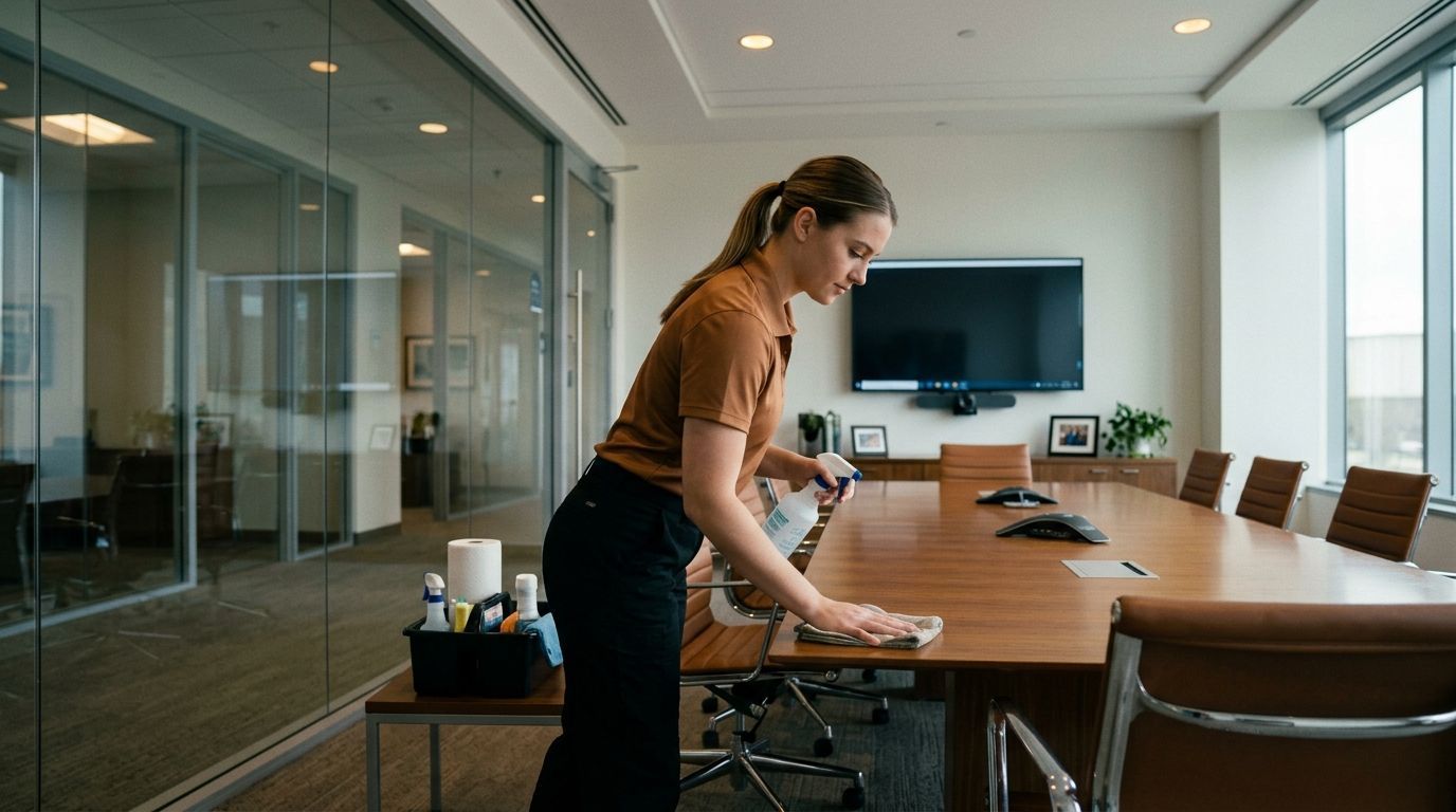 Professional cleaner wiping and sanitizing conference room table surfaces and high touch areas Andover, MN