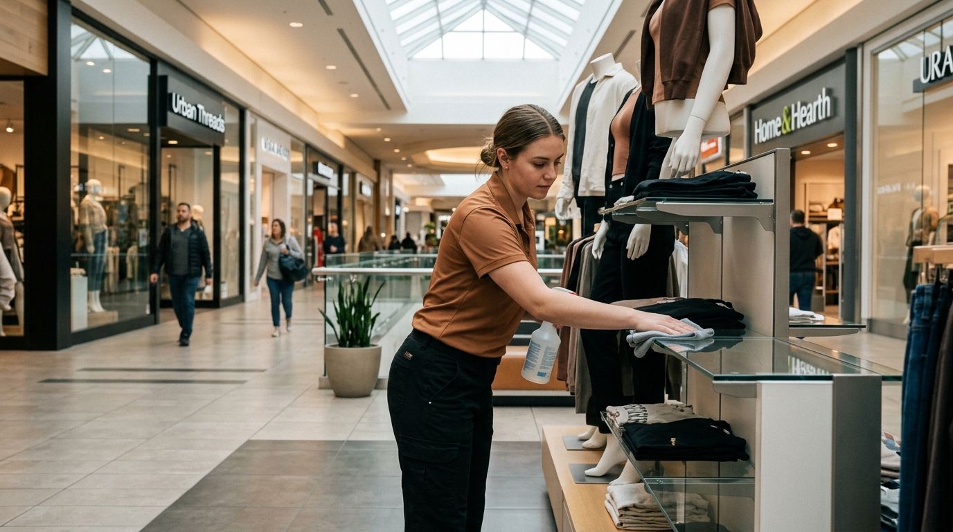 Professional cleaner wiping down clothing display surfaces and folded merchandise Andover, MN