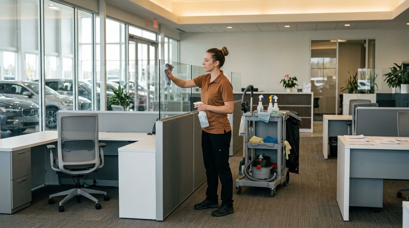 Professional cleaner wiping down glass partitions and workstation surfaces in office showroom, Andover, MN