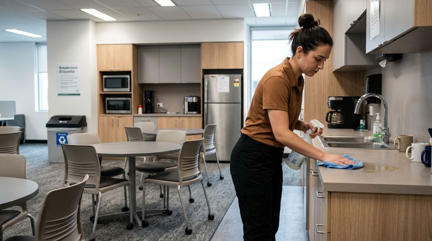 Professional cleaner wiping down office breakroom tables and shared surfaces Andover, MN