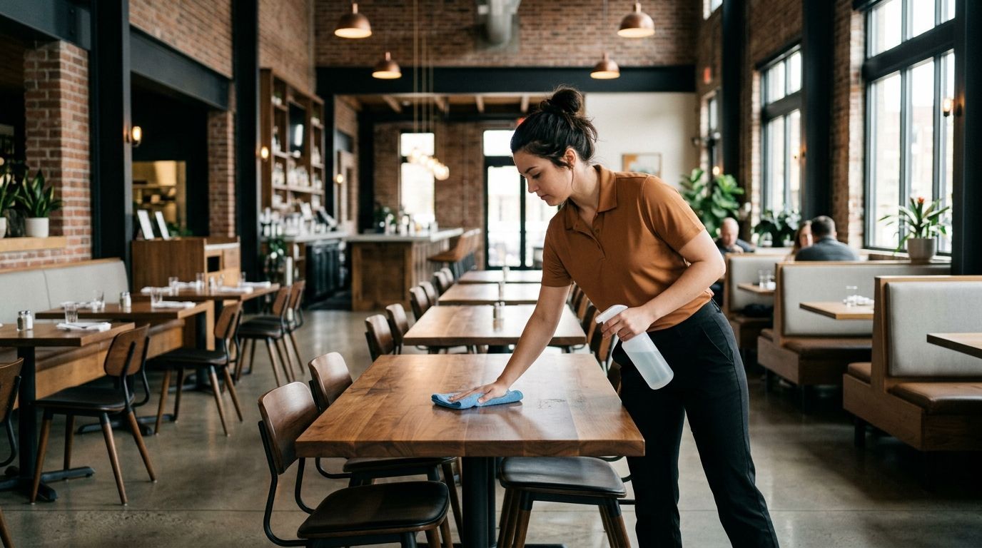 Professional cleaner wiping down restaurant dining tables and seating areas for sanitation Andover, MN