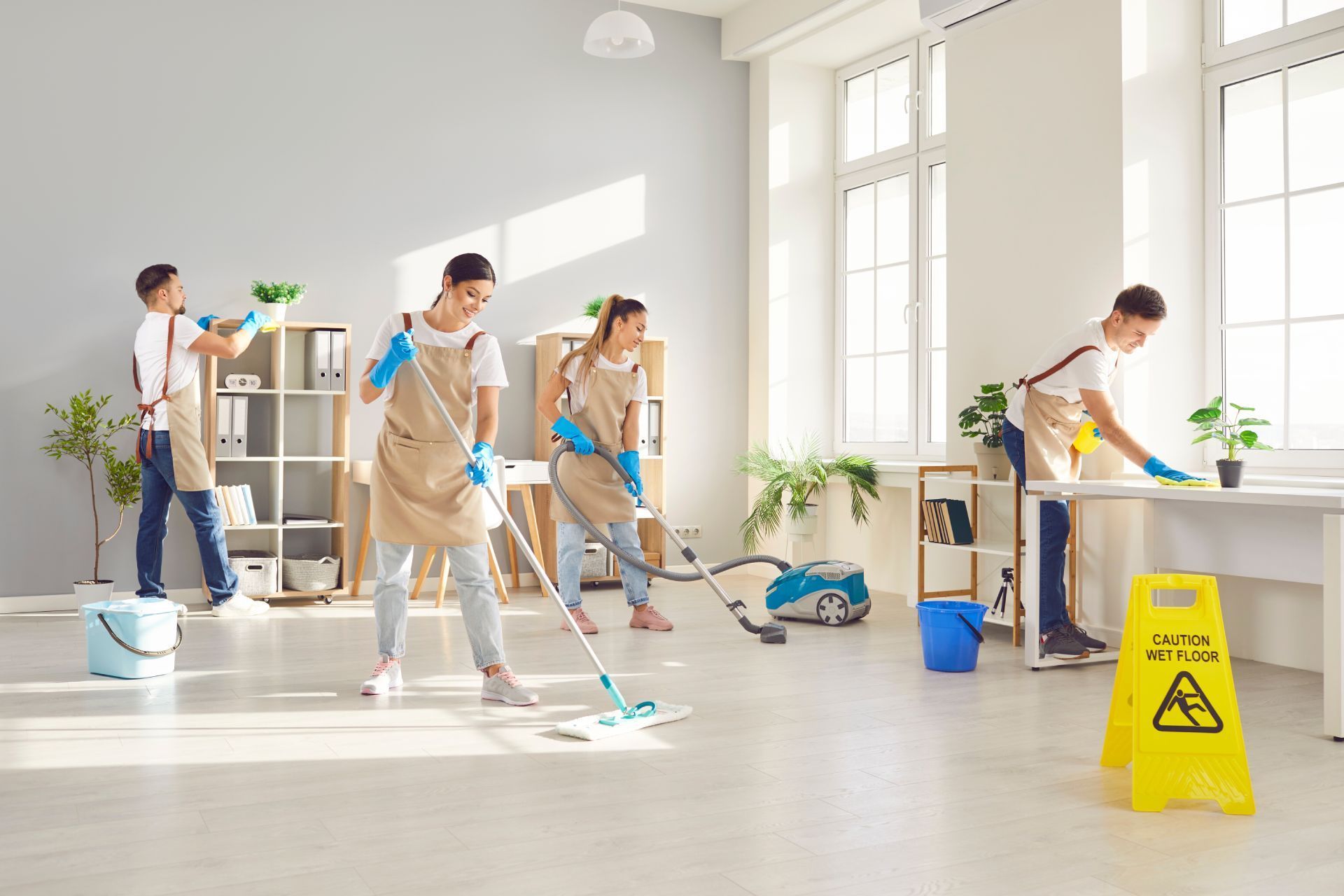 Cleaning crew in light-filled office, mopping, dusting, vacuuming, and wiping surfaces. Caution sign present.