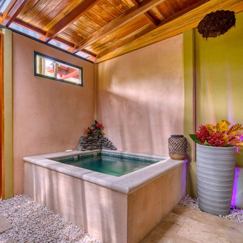 A bathroom with a large tub and a vase of flowers