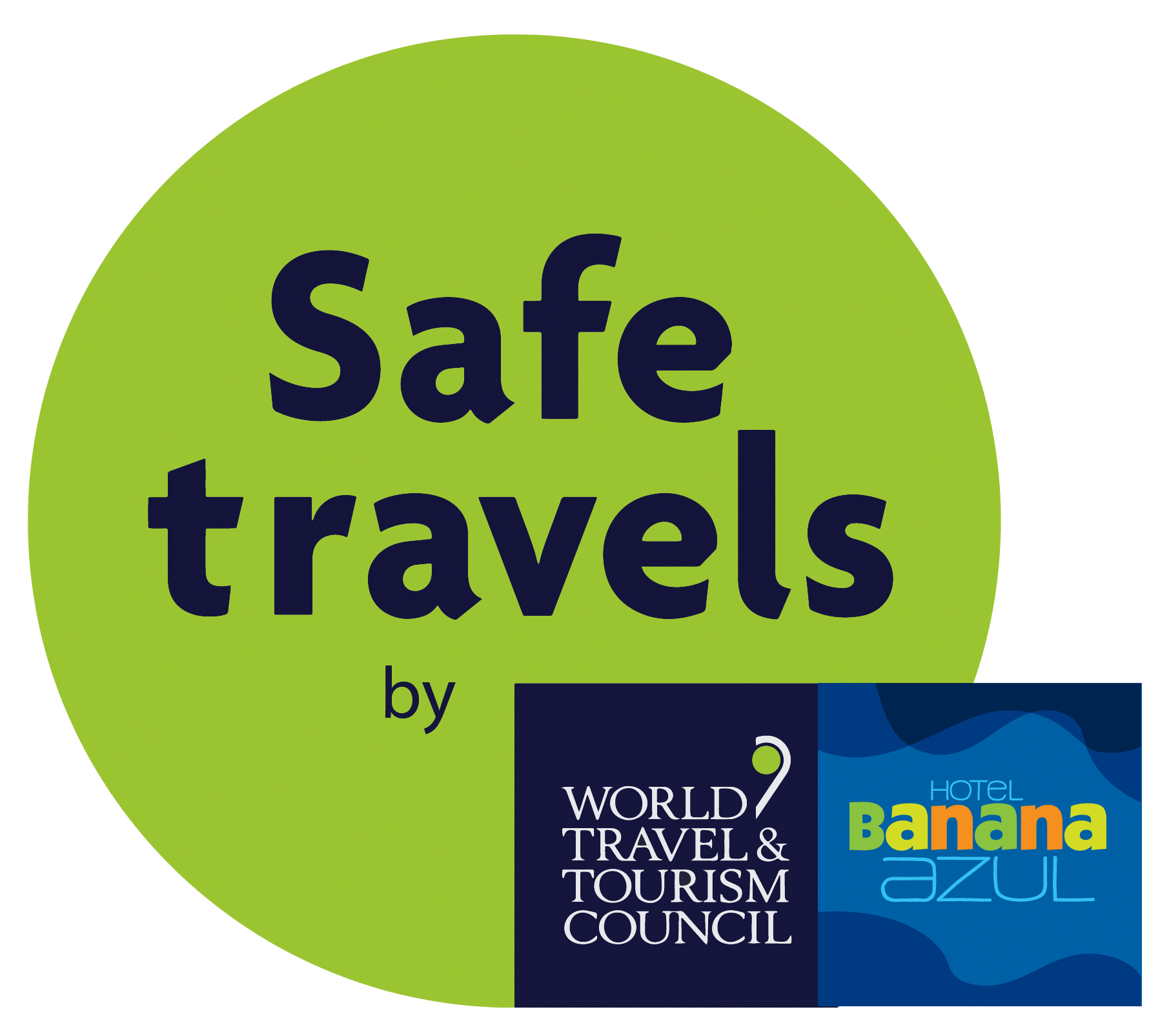 A green sticker that says safe travels by world travel & tourism council