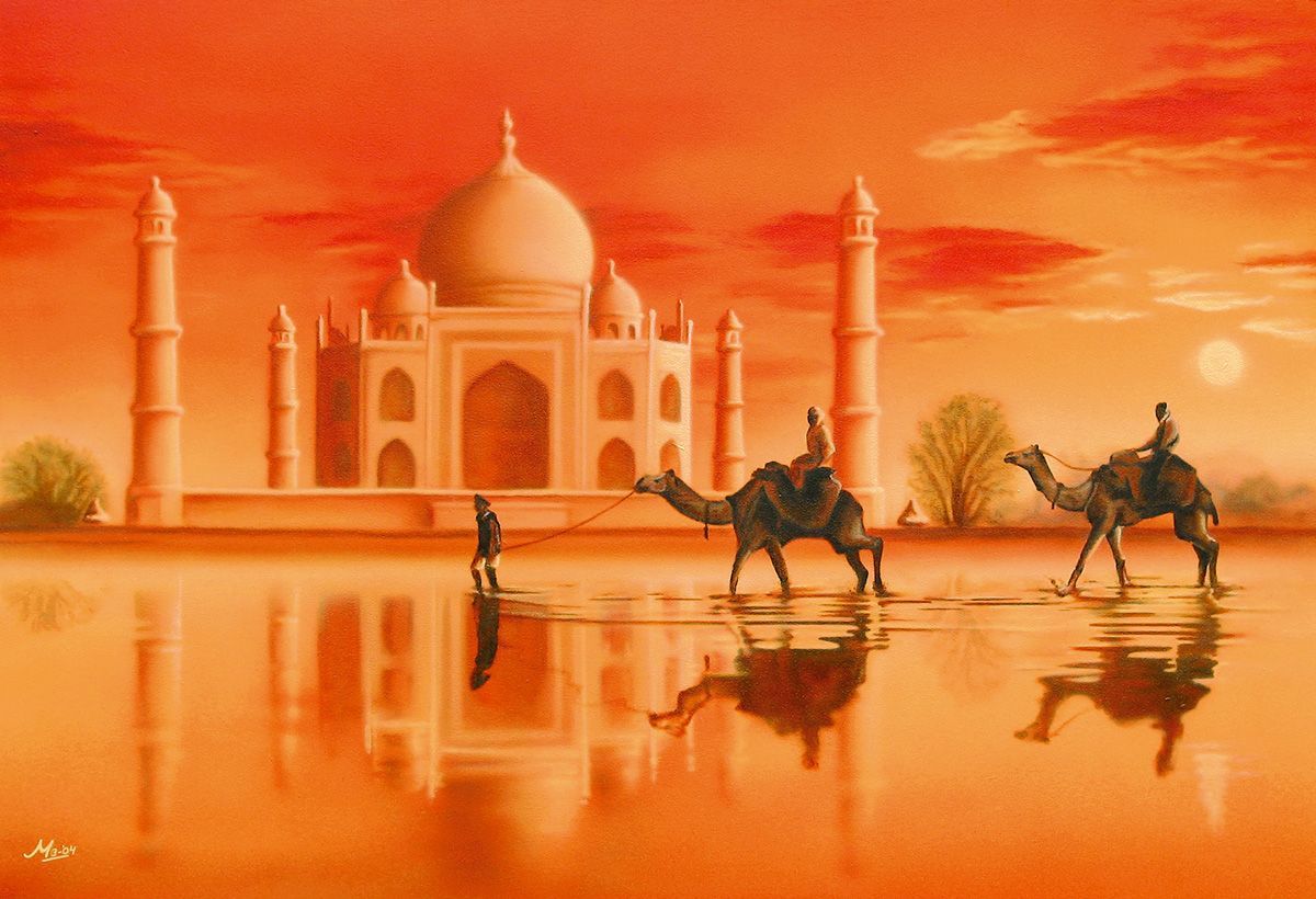 Taj Mahal weerspiegelt in het water, kamelen, oranje lucht.
