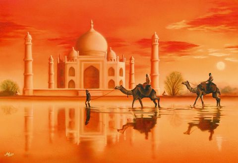 Taj Mahal schilderij Taj Mahal India Delhi bij zonsondergang met kamelen