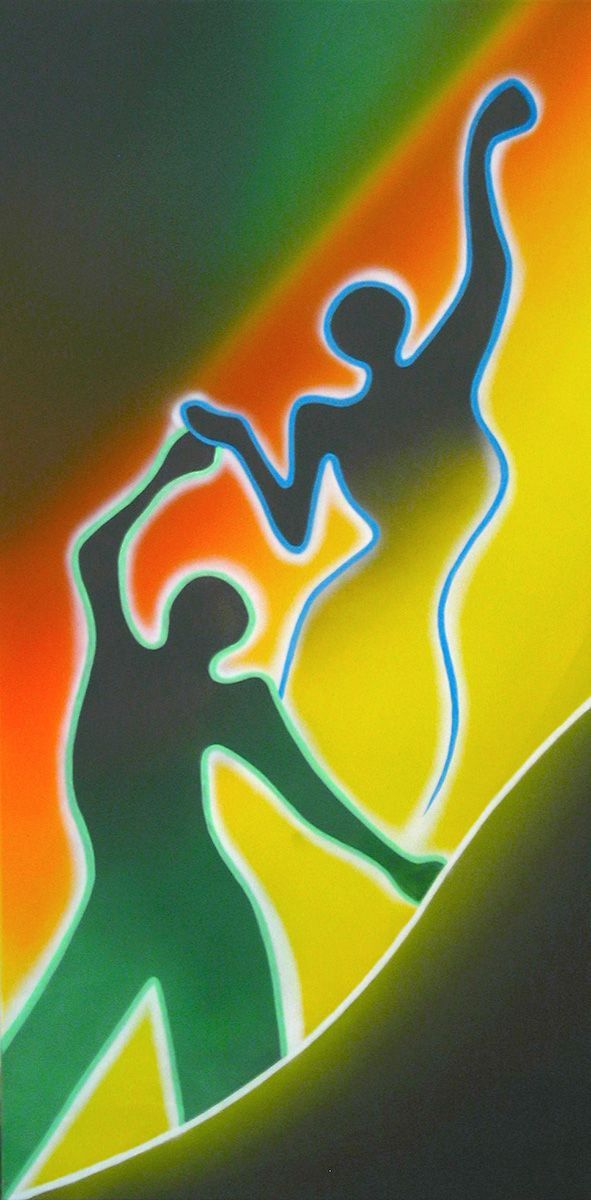 Silhouetten van twee figuren, waarvan er één de ander helpt, tegen een achtergrond met kleurverloop in geel, oranje en groen.