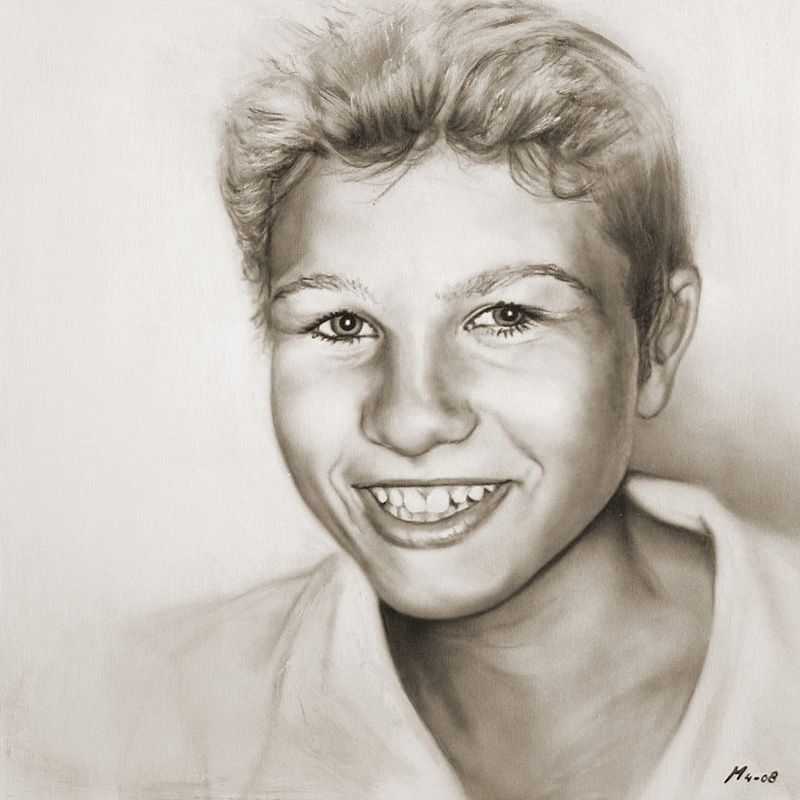Schilderij van jongen met licht haar en lichte ogen.