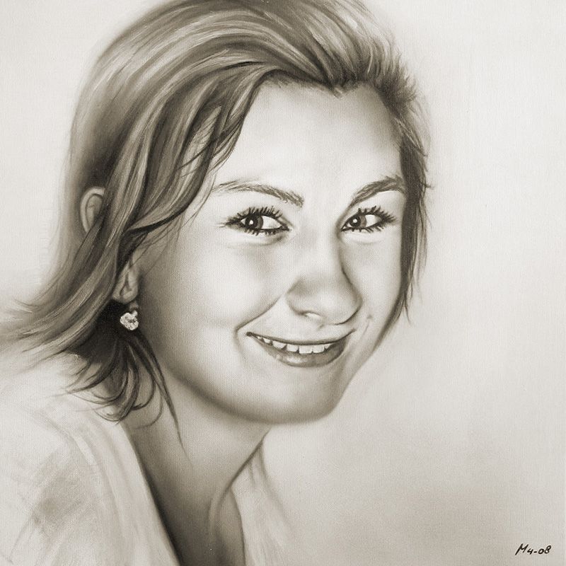 Schilderij van meisje in sepiakleur, kijkend naar de toeschouwer. Kort haar, kleine oorbellen en een wit topje.