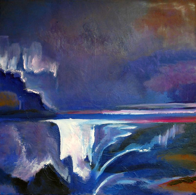 Abstract landschapschilderij van een waterval die weerspiegeld wordt in het water onder een dramatische blauw-paarse lucht.