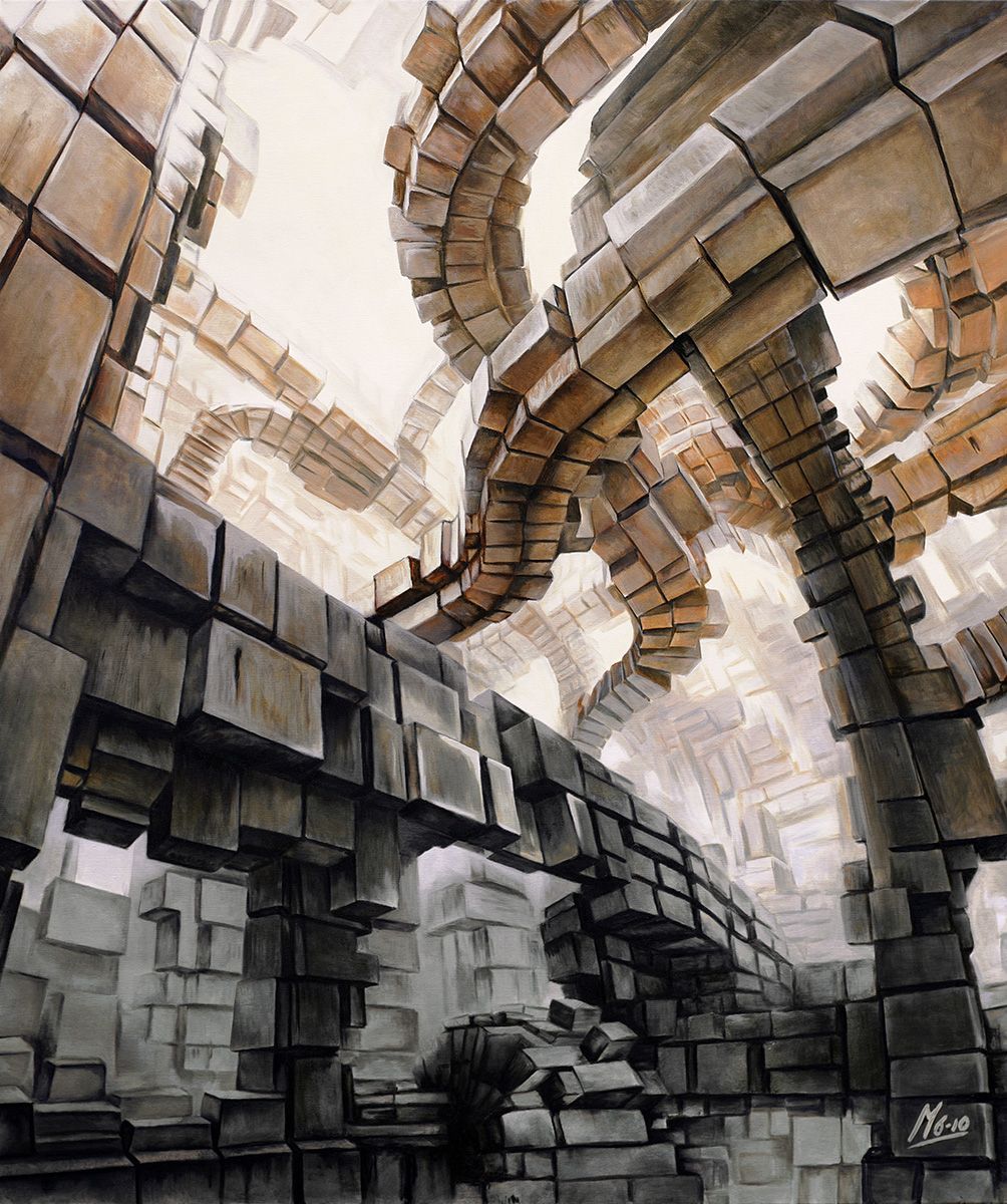 Een abstract architectonisch perspectief schilderij met stenen structuren en kronkelende paden in tinten bruin en grijs.