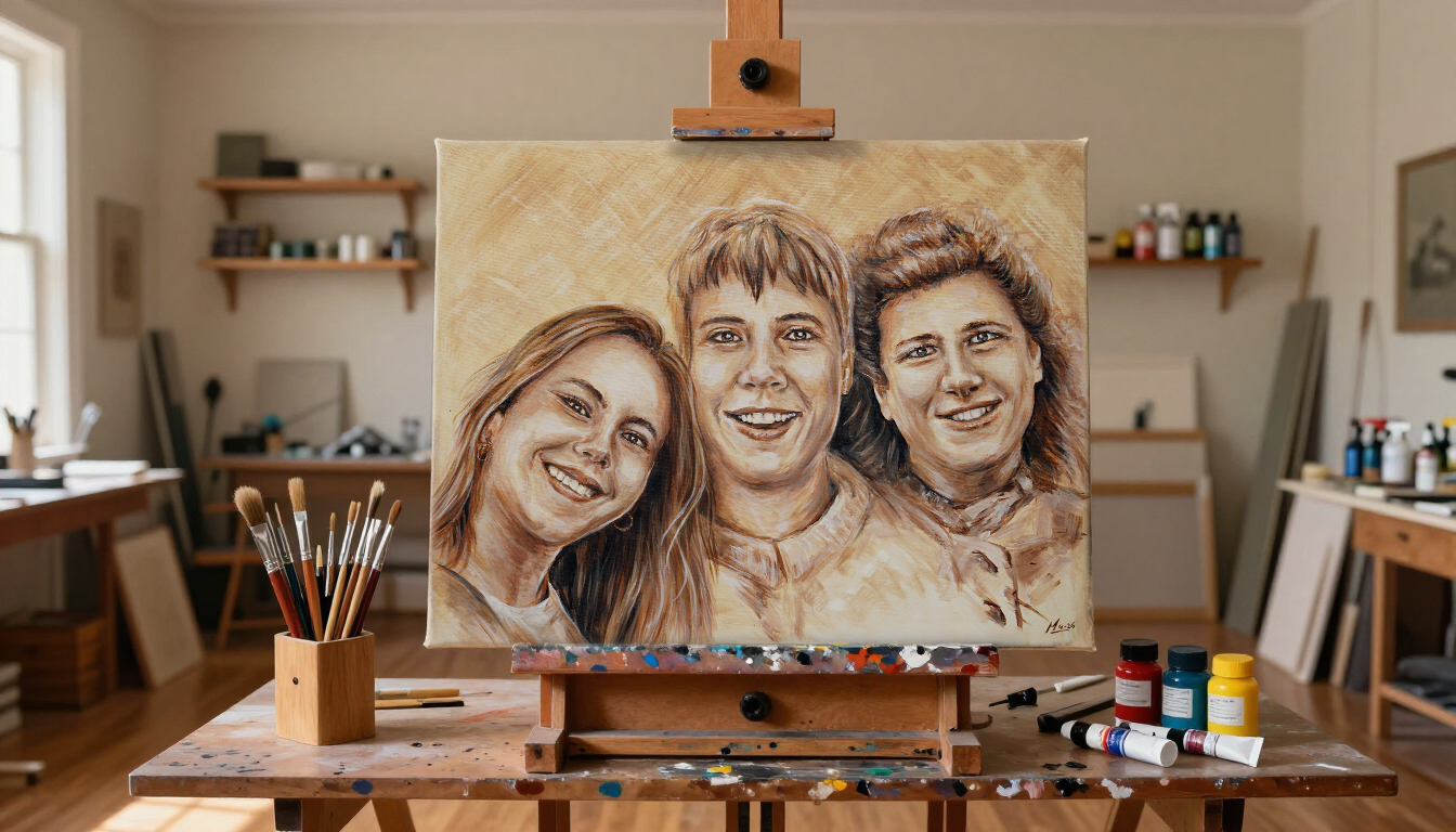 Schilderij van drie generaties vrouwen op dezelfde leeftijd