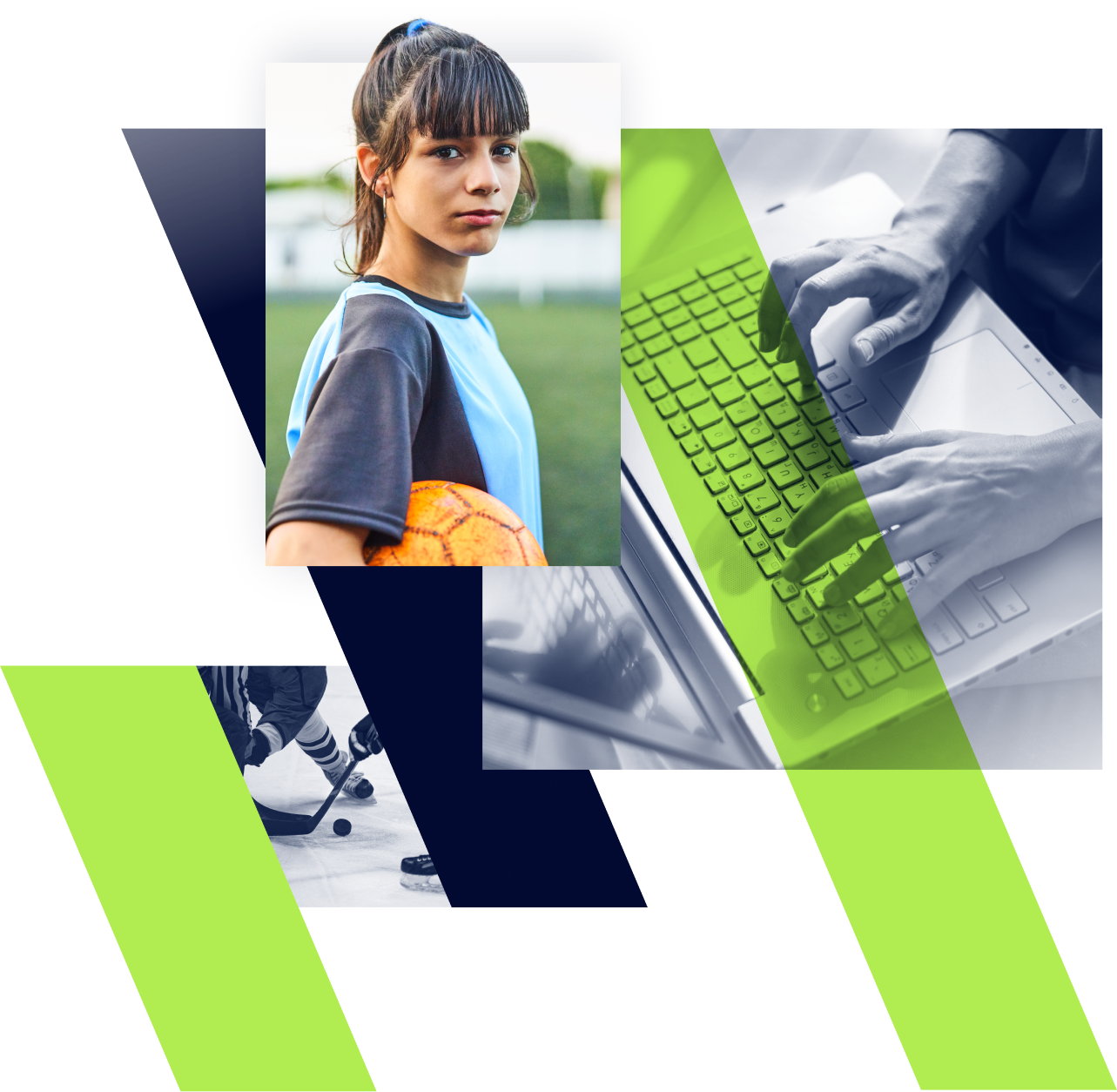 Graphic featuring images of a soccer player, someone typing on their laptop, and a hockey faceoff