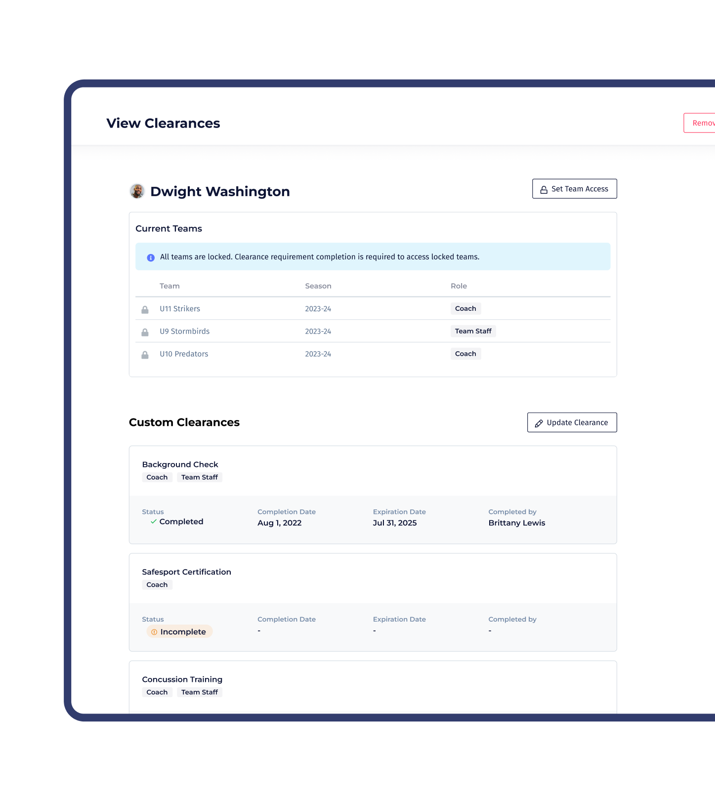 Clearances dashboard where risk managers can track clearance statuses for each staff member.