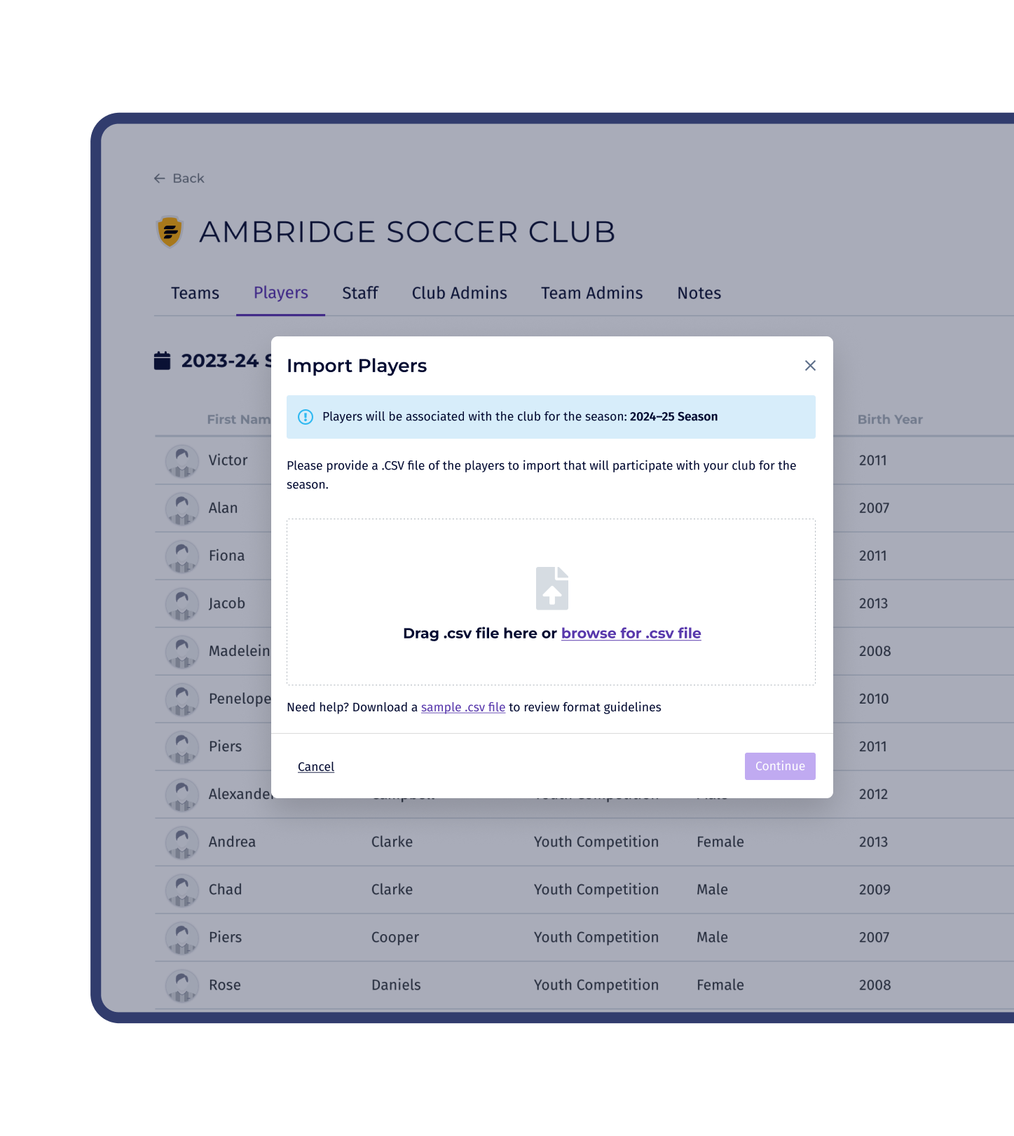 Bulk-importing club players into PlayMetrics operating system.