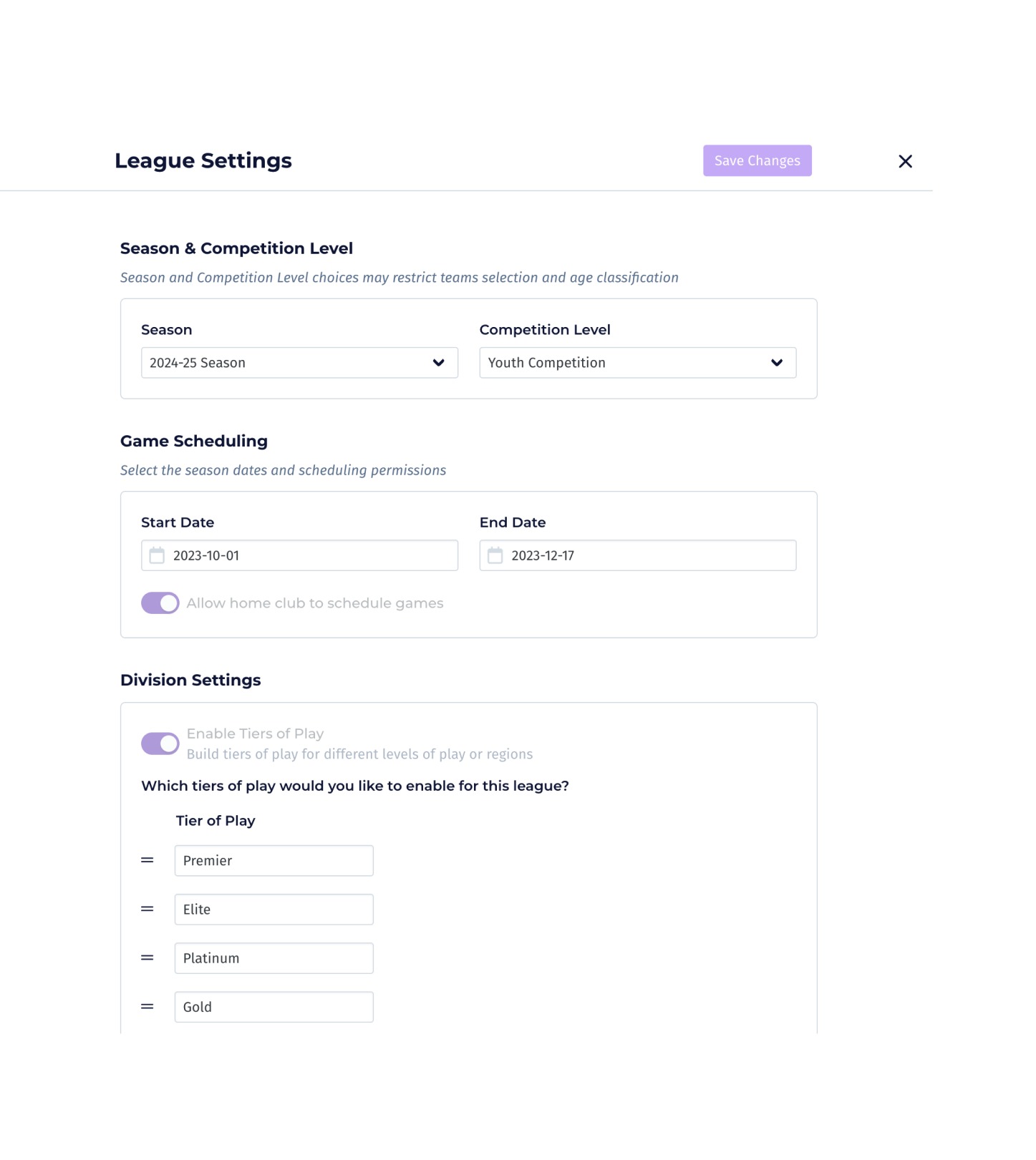 Customizing league settings in PlayMetrics.