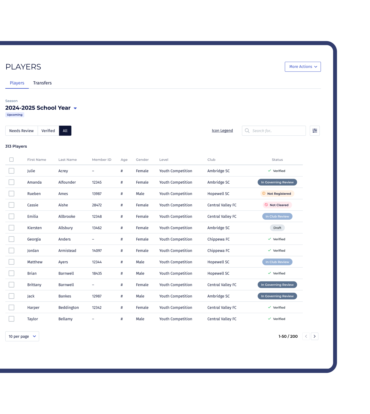 Player dashboard to see all player details and statuses.