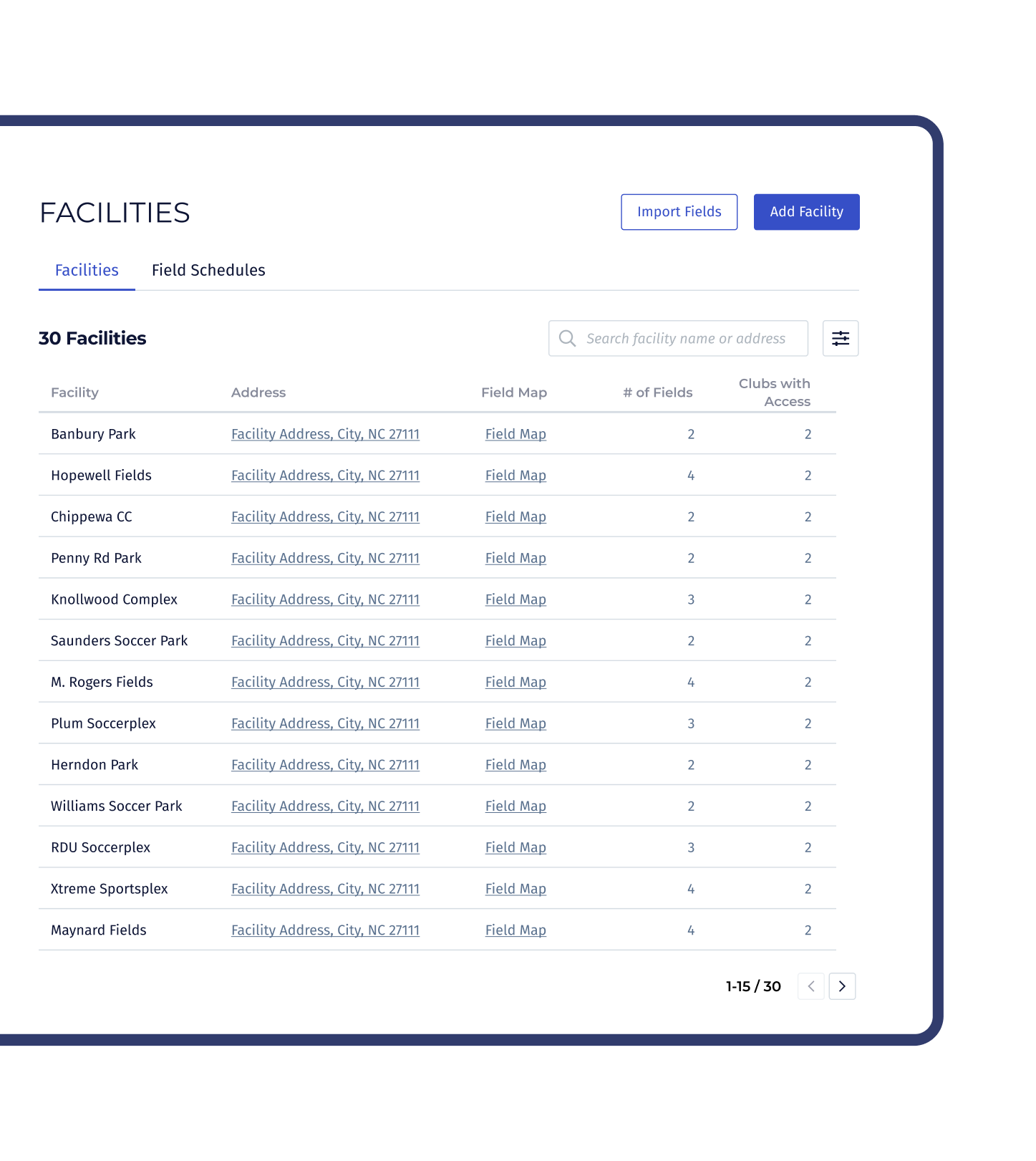 PlayMetrics facility database.