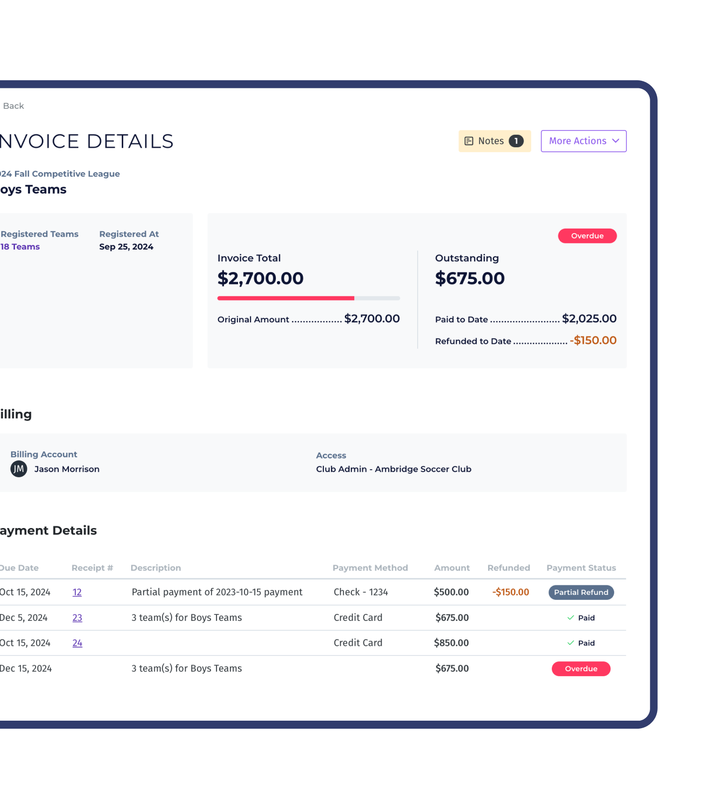 PlayMetrics invoice details for a competitive youth sports league.