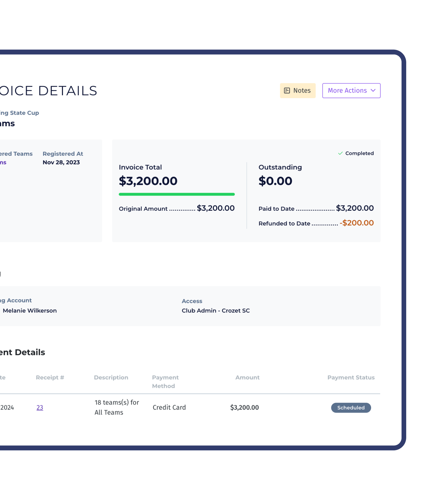 PlayMetrics invoice details for a competitive youth sports tournament.