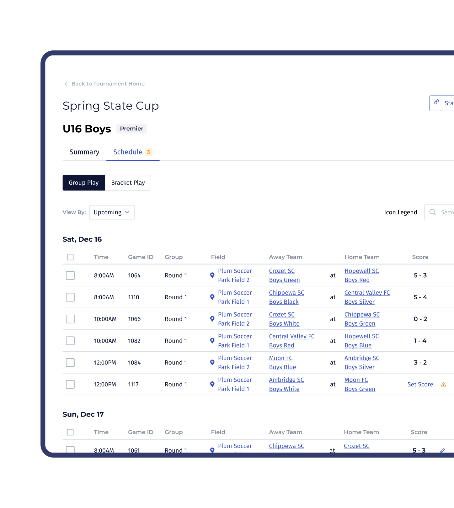 Group play schedule for aPlayMetrics-run tournament.