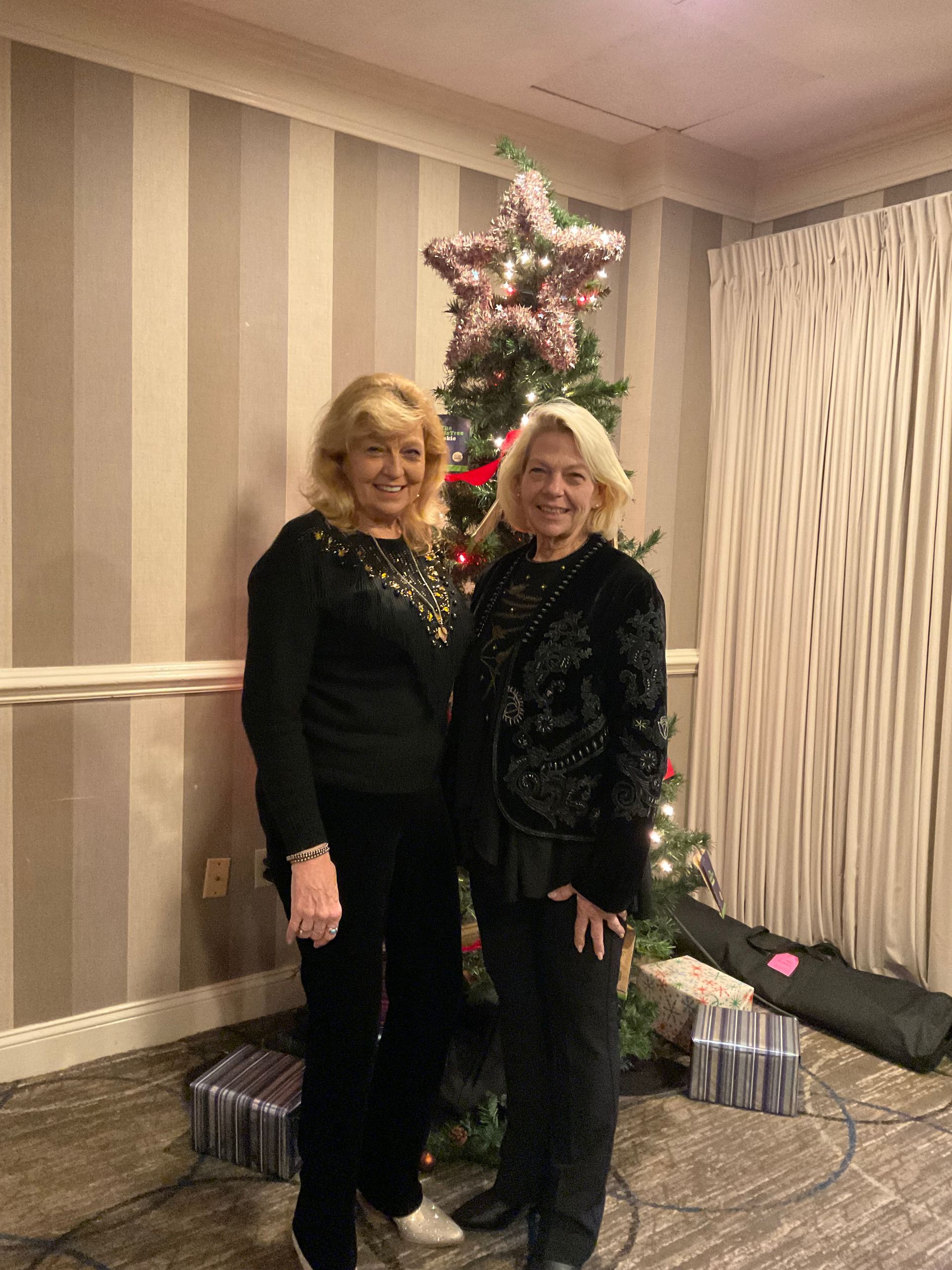 Two women are standing next to each other in front of a christmas tree.