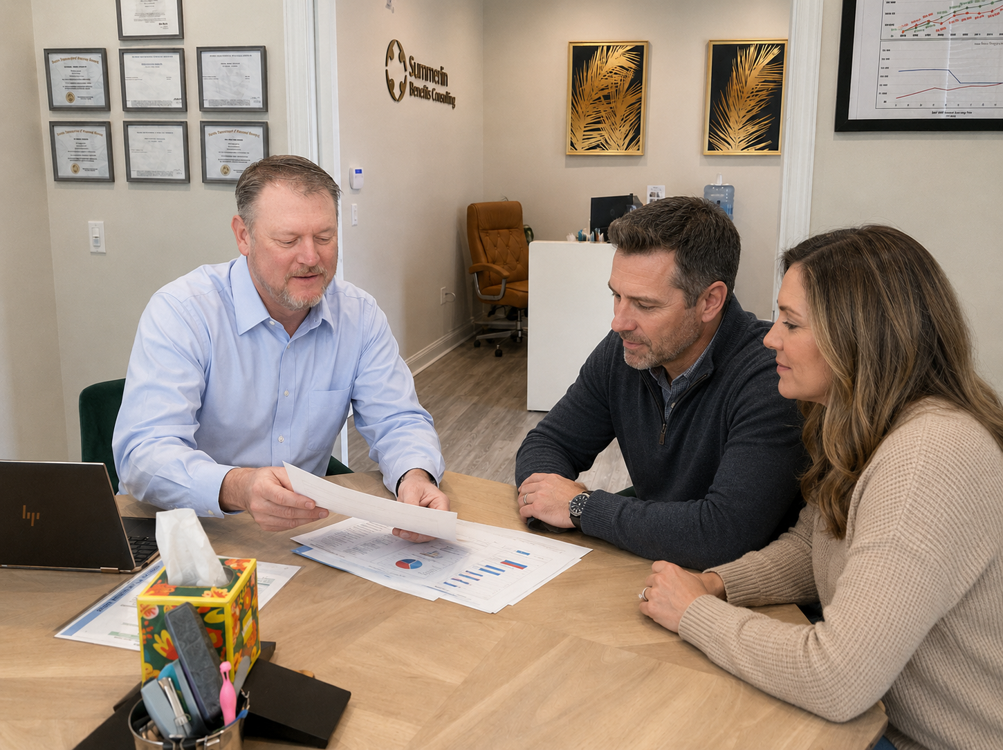 Three people review printed charts at a desk in a bright office.