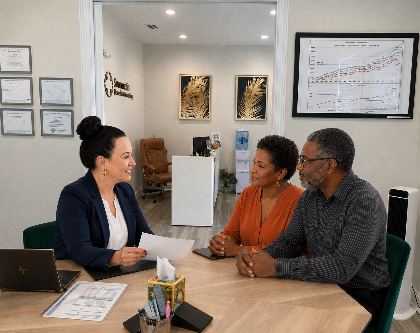 Keith reviewing documents with clients in Summerlin Benefits Consulting office