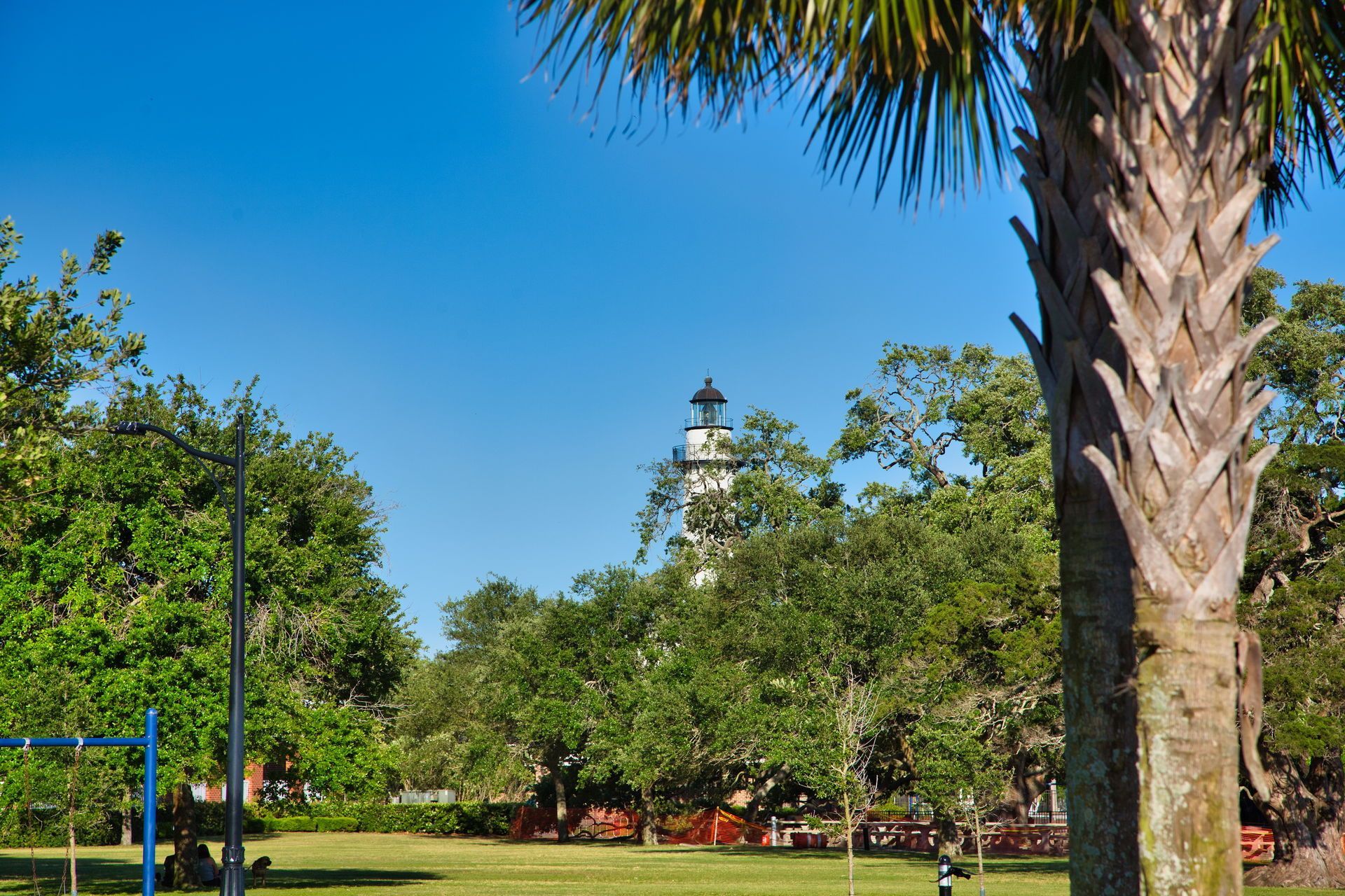 Park with palm trees and greenery, featuring a white lighthouse under a clear blue sky. St. Simons Island, GA