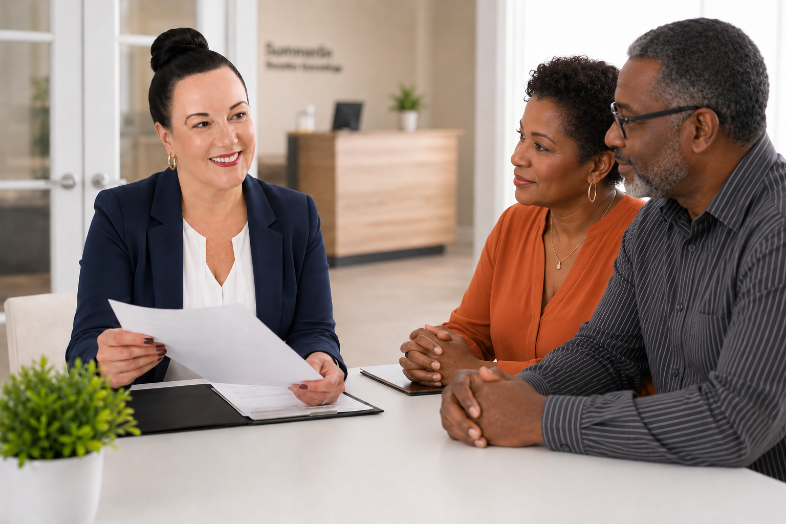 Keith reviewing documents with clients in Summerlin Benefits Consulting office