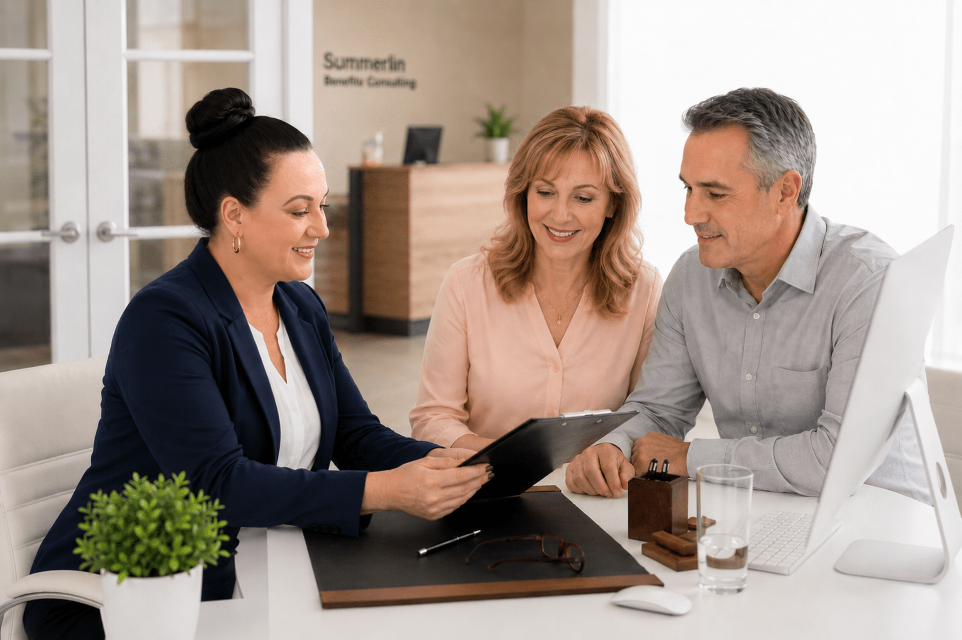 Three people reviewing documents with an advisor at a desk in a bright office