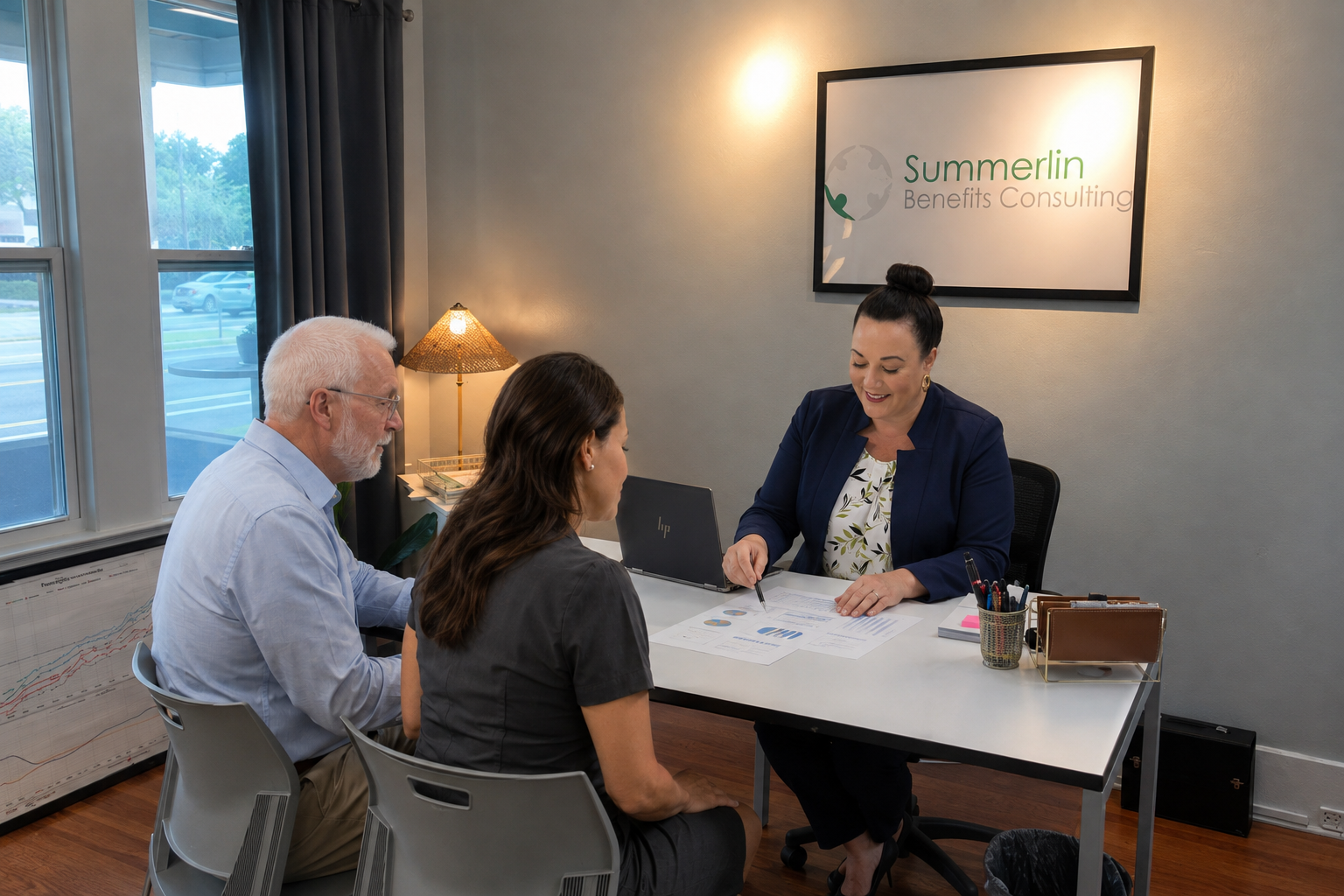 Stacy with clients in Summerlin Benefits Consulting office