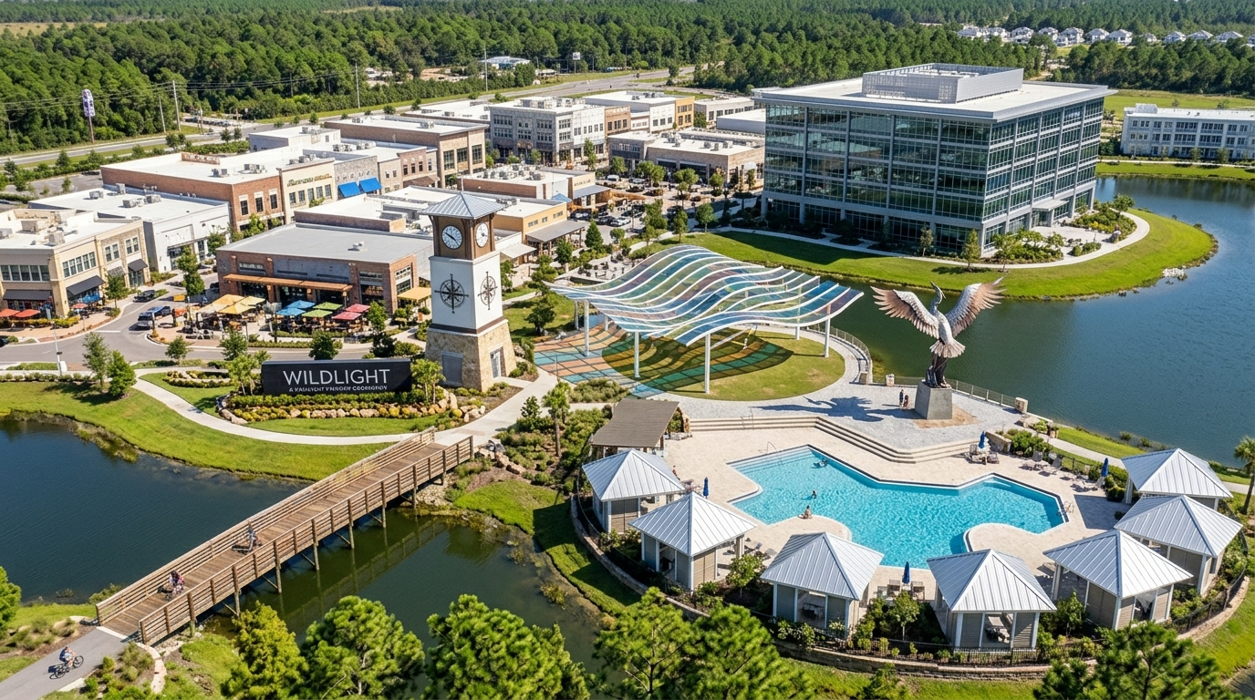 Aerial view of Wildlight, FL, a waterfront resort with pools, modern buildings, and a wooden bridge over a lagoon