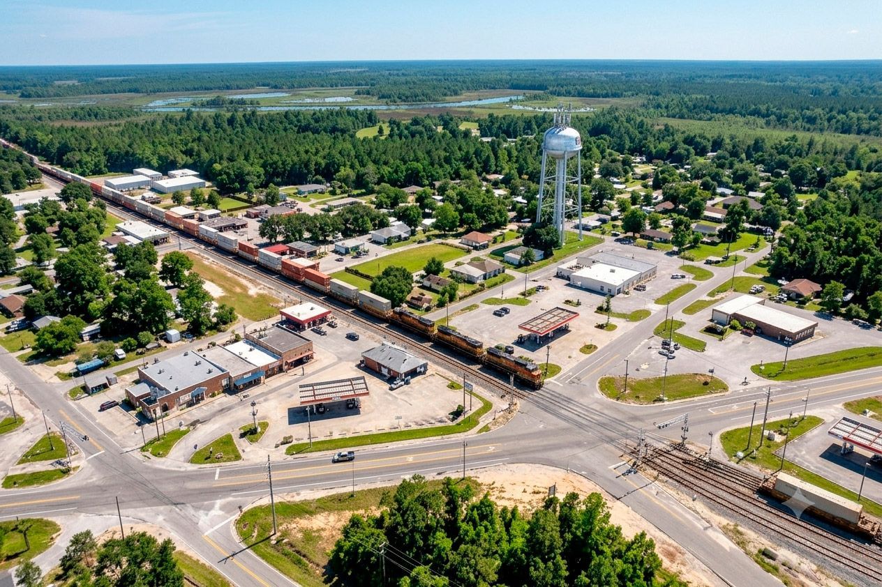 Aerial view of Callahan, Fl with shops, homes, trees, and a tall blue water tower.
