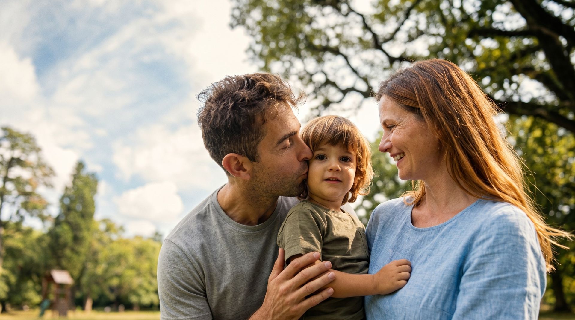Young family smiling outdoors in a park, illustrating life insurance protection and legacy planning for beneficiaries.