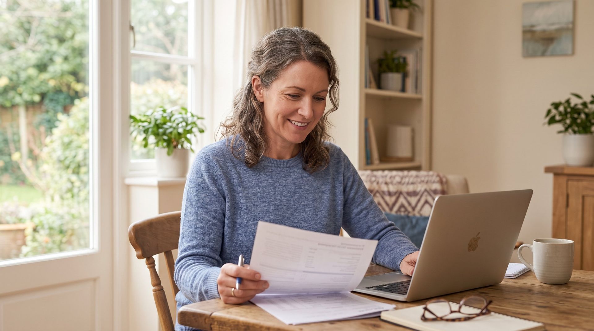 Woman reviewing retirement papers at a wooden table beside a laptop in a bright home office