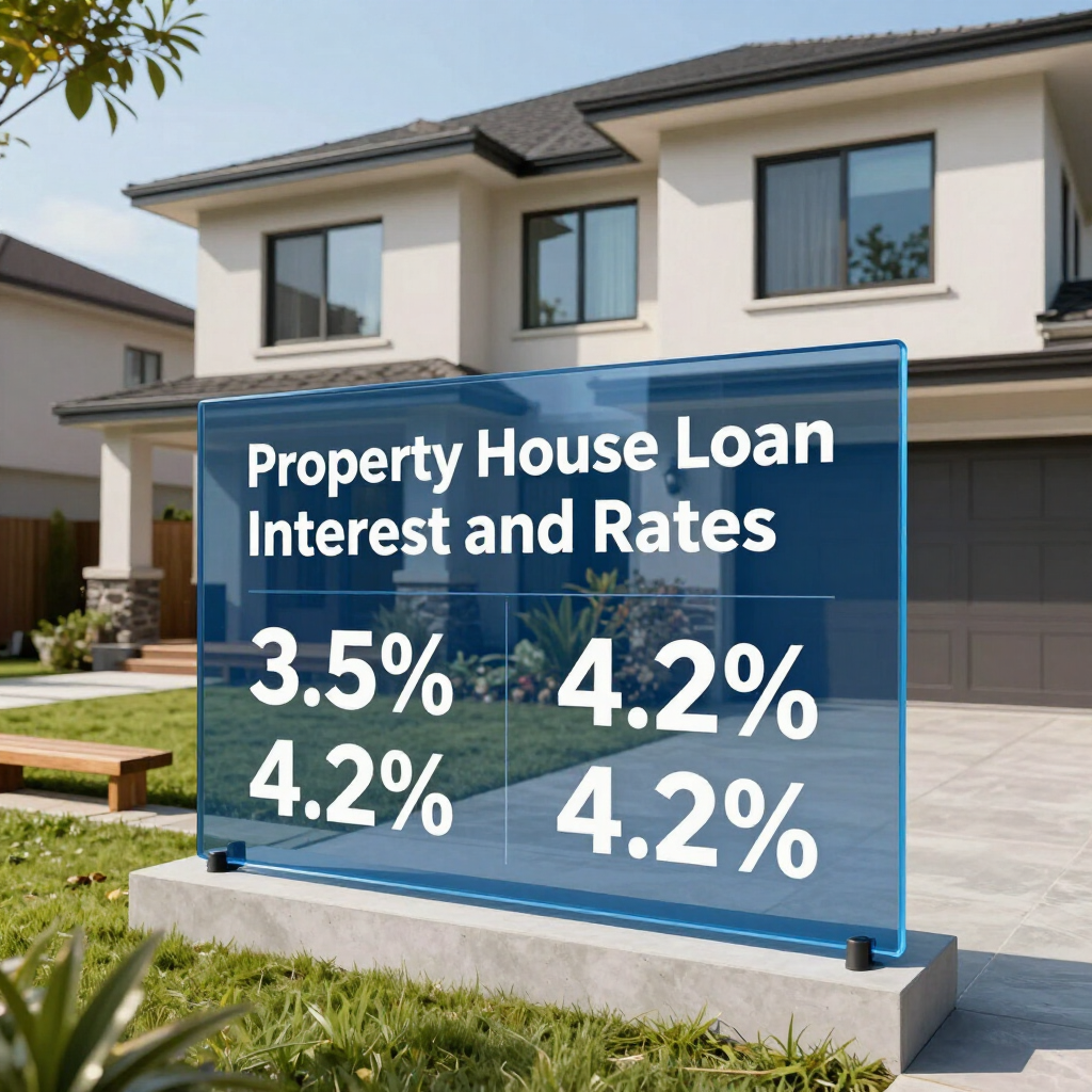 House with blue sign reading “Property House Loan Interest and Rates” and percentages 3.5%, 4.2% on lawn
