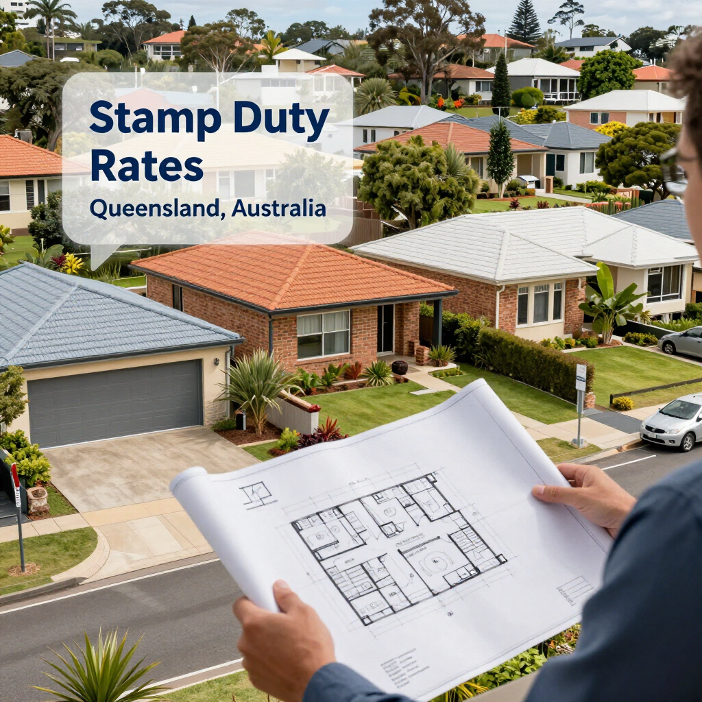 Stamp Duty Rates text over suburban houses and a person holding a floor plan in Queensland, Australia