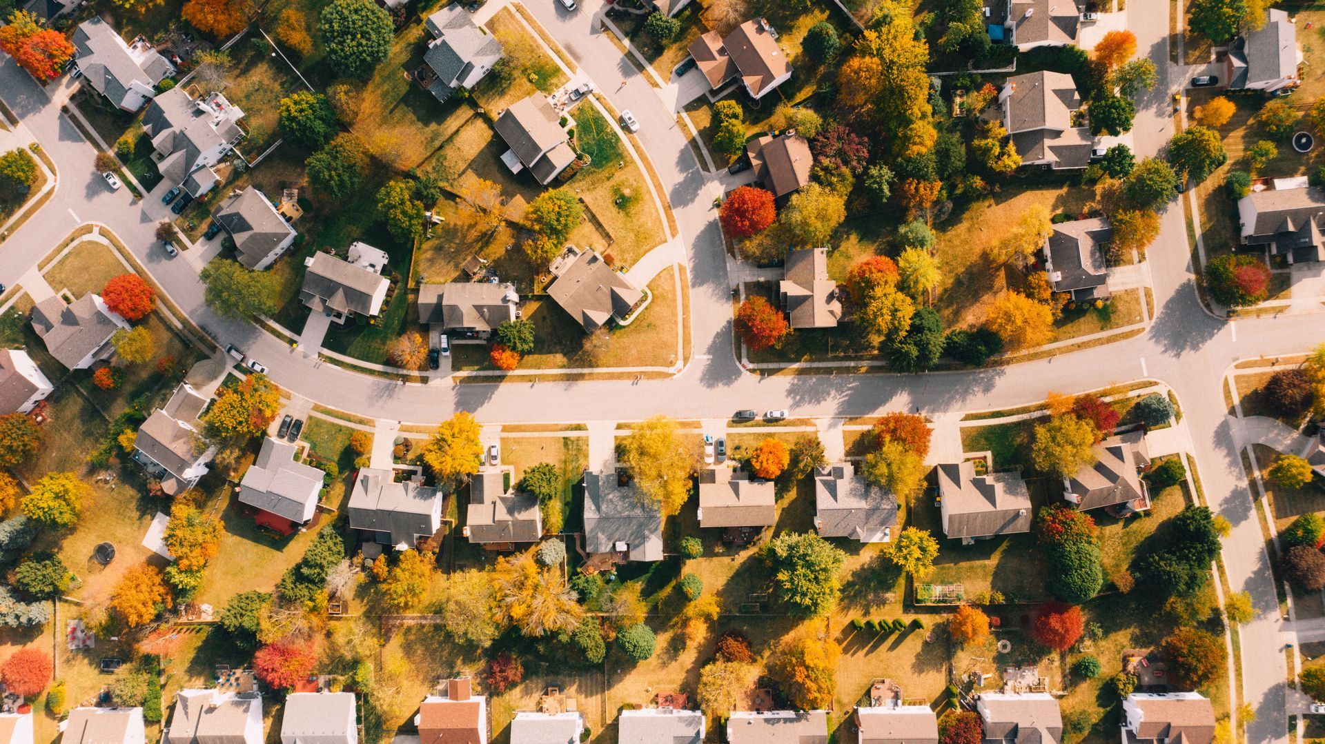 Aerial view of a suburban neighborhood with curving streets, parked cars, and tree-lined houses in autumn colors