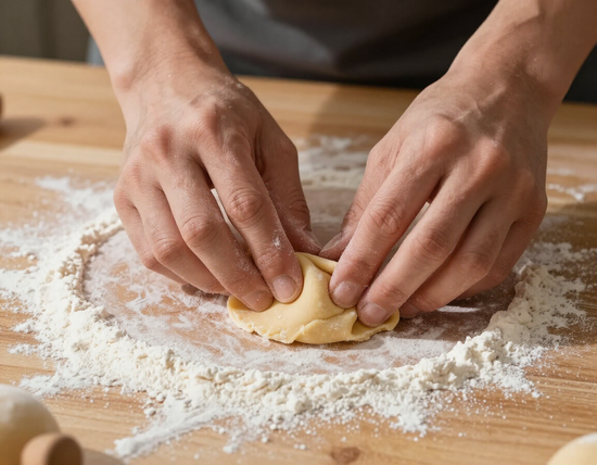 Manos preparando paquetes de pasta fresca sobre mesa enharinada