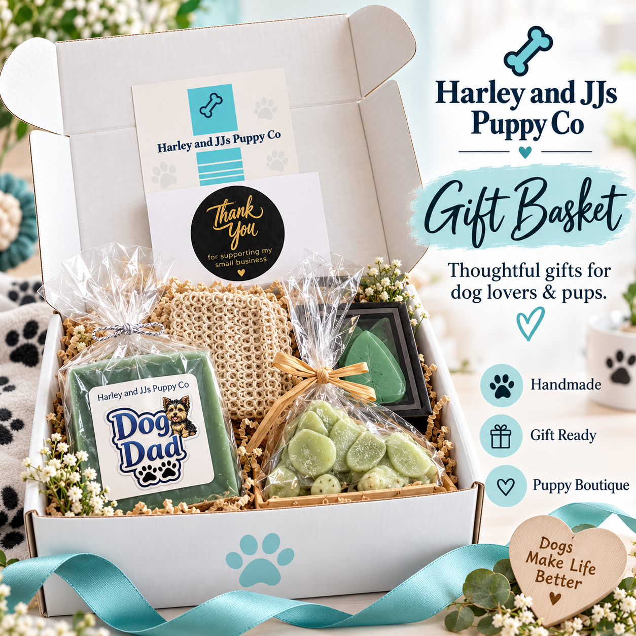 Dog-themed gift basket in white box with teal ribbon, treats, toys, and Harley and JJ’s Puppy Co branding
