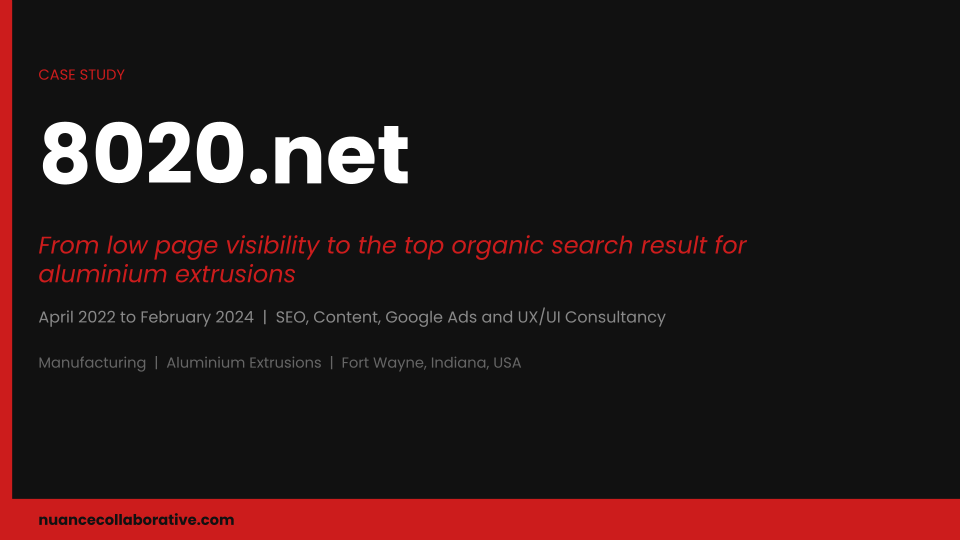 A black slide titled "8020.net" detailing an SEO case study about achieving top organic search results for aluminium.
